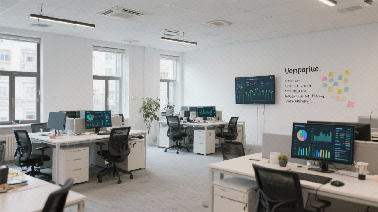 Wide-angle view of a minimalist Budapest office space with collaborative work areas, screens showing analytics dashboards, and notes outlining company values.