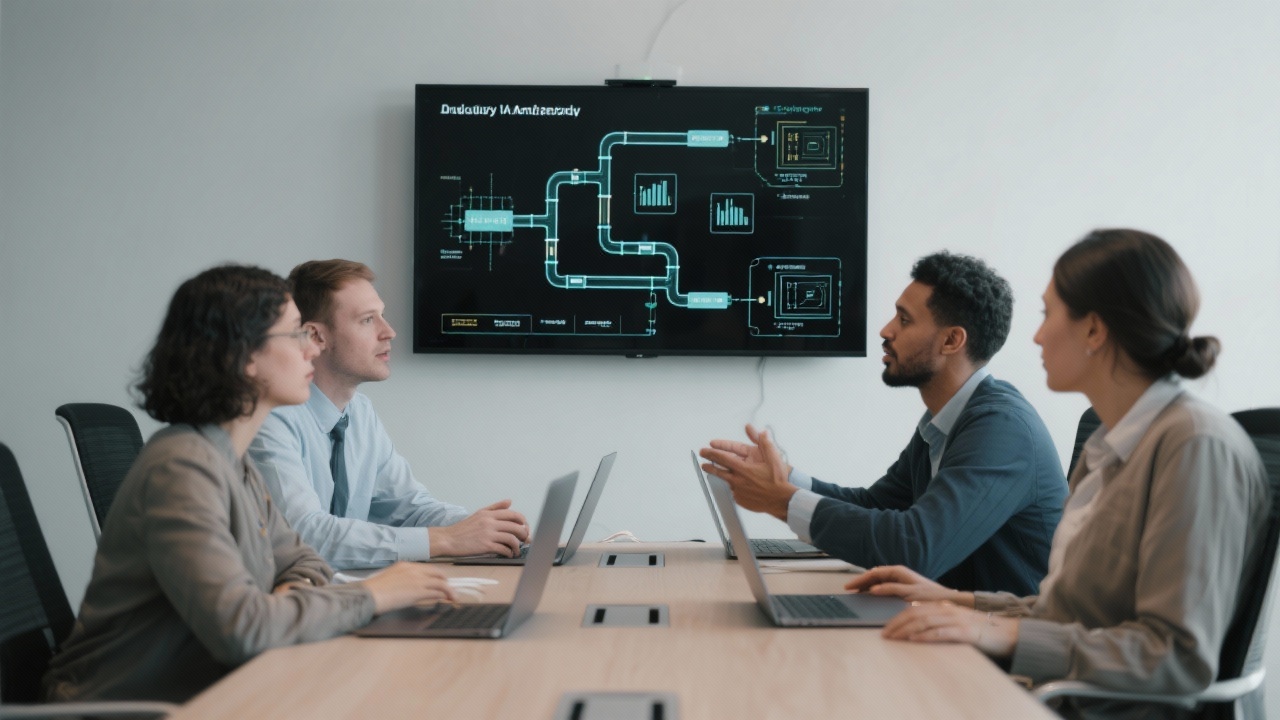 Photo of a small analytics team collaborating around a conference table with laptops, discussing data pipelines and integration diagrams displayed on a wall screen.