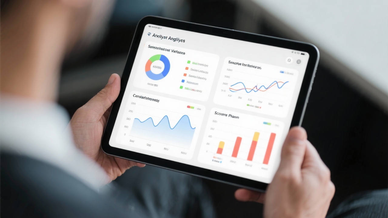 Close-up shot of predictive analytics graphs displaying seasonal variations, confidence intervals, and scenario planning on a tablet device held by a business analyst.