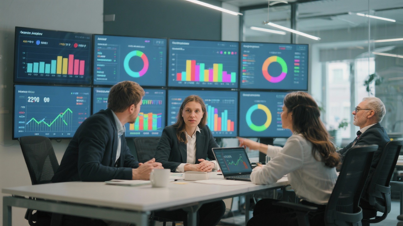 High-resolution photograph of professionals analyzing digital dashboards with multi-colored charts on large monitors inside a modern Budapest analytics workspace during a consultation meeting.