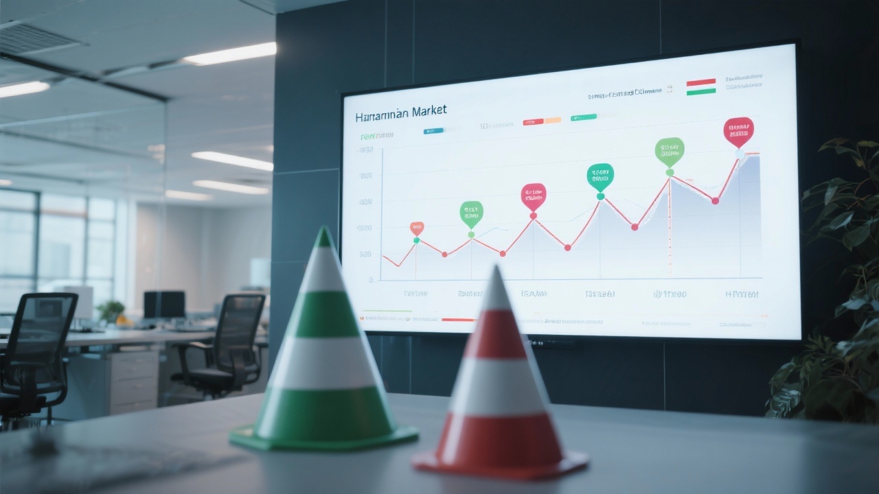 Vivid chart depicting Hungarian market trends with line graphs, seasonal markers, and forecast cones projected on a digital display in a contemporary office environment.