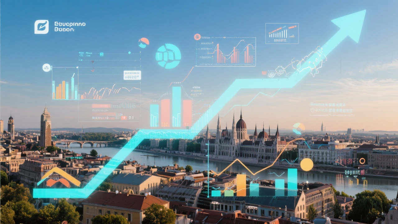 Inspirational photo of Budapest skyline combined with data visualizations overlay symbolizing the growth journey of a technology-focused startup.